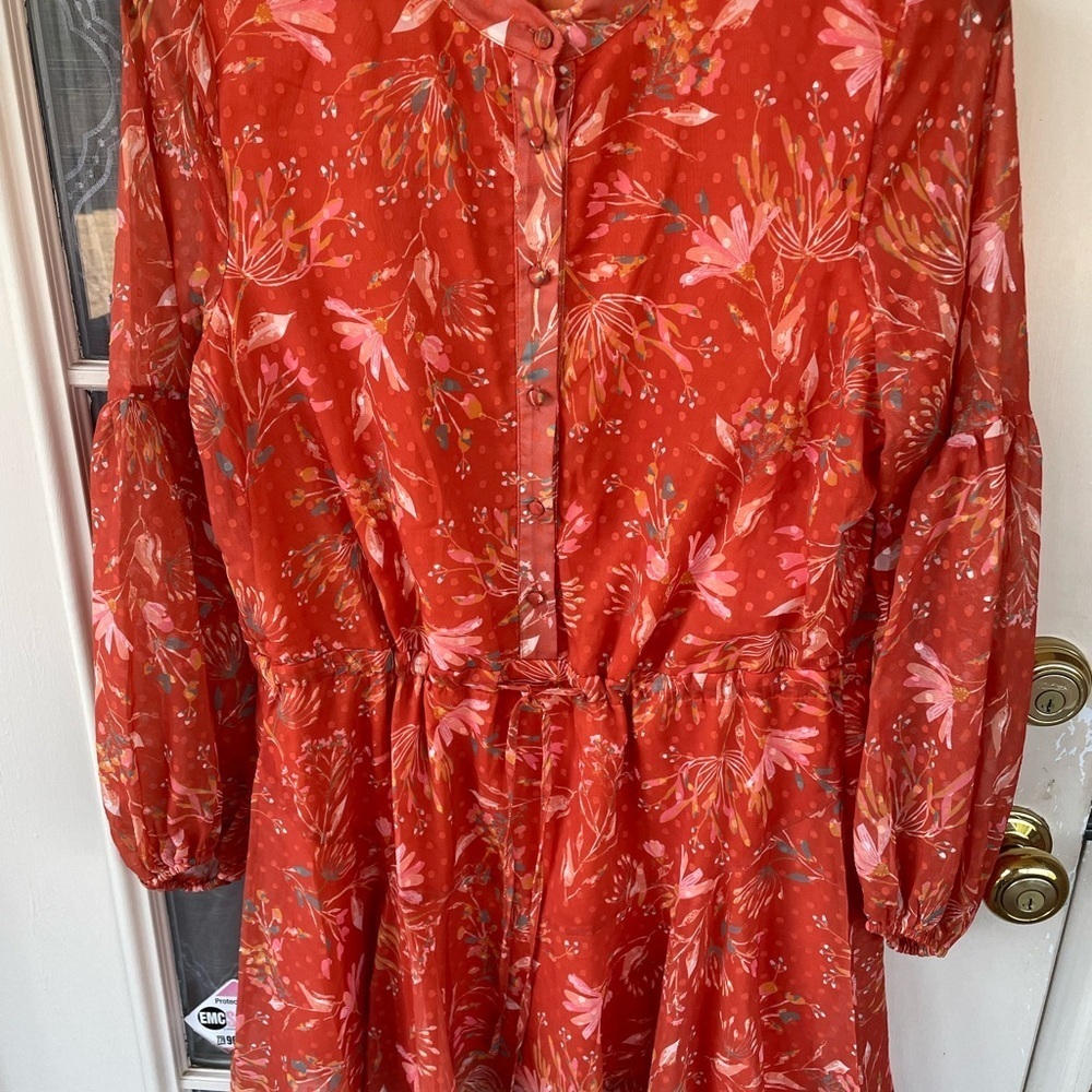Aura Floral Sheer Balloon Sleeve Dress Size L 🌺 Coral Boho Tie Waist